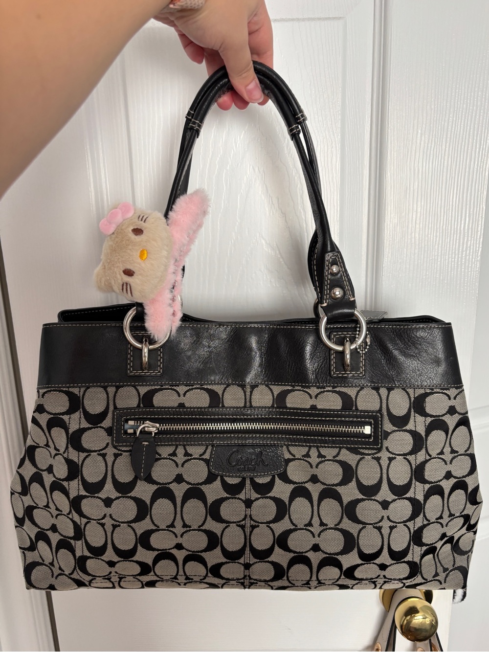 Vintage Coach Black and Tan Canvas Signature Shoulder Bag